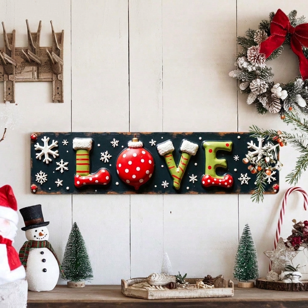 2D Flat Rustic Love Christmas Metal Wall Sign, Farmhouse Hearts Decor 3.9x15.7
