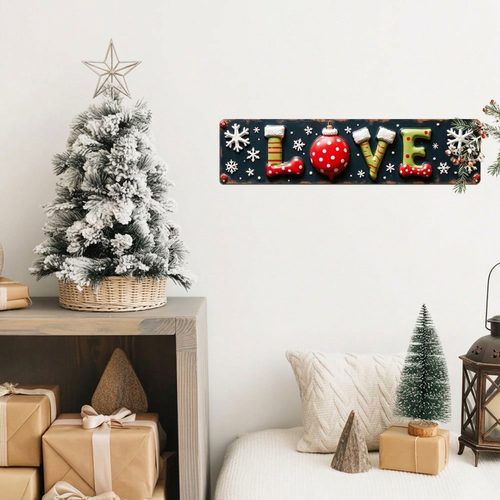 2D Flat Rustic Love Christmas Metal Wall Sign, Farmhouse Hearts Decor 3.9x15.7
