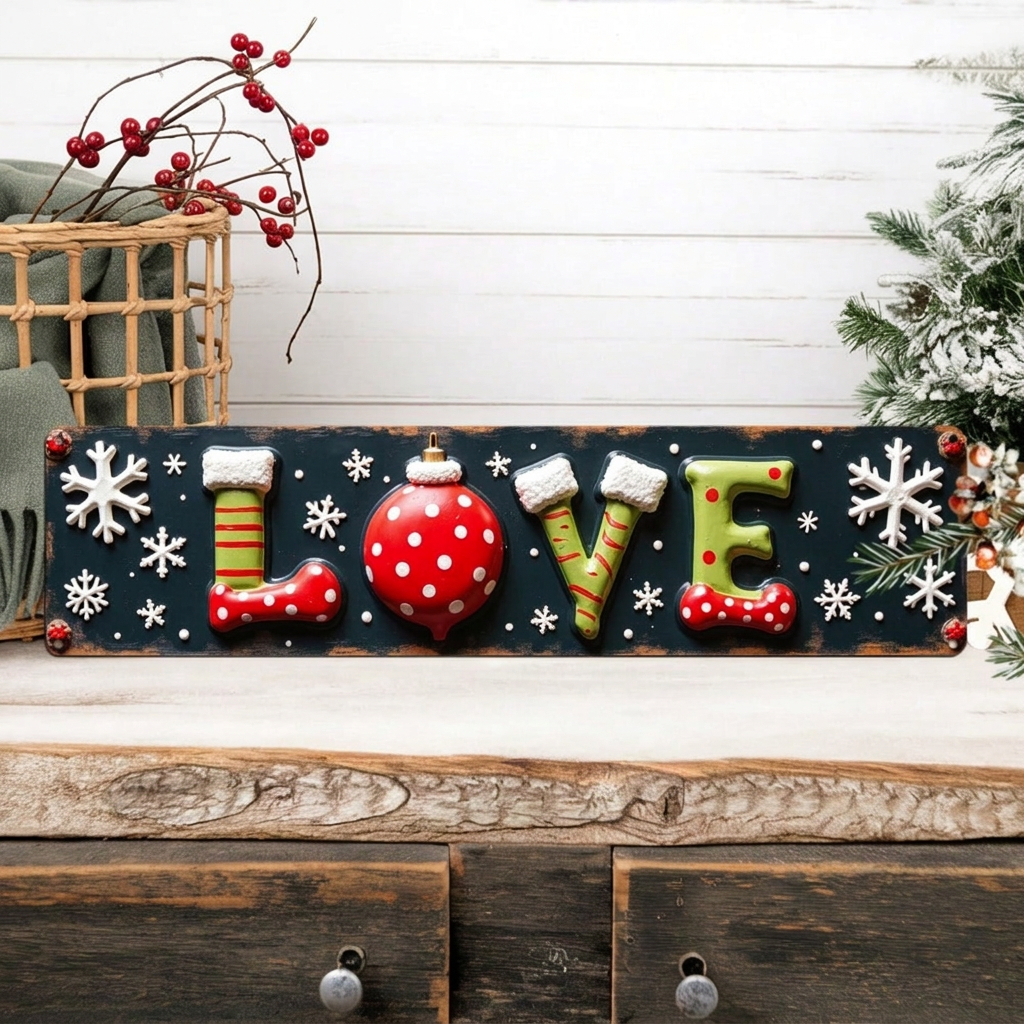 2D Flat Rustic Love Christmas Metal Wall Sign, Farmhouse Hearts Decor 3.9x15.7