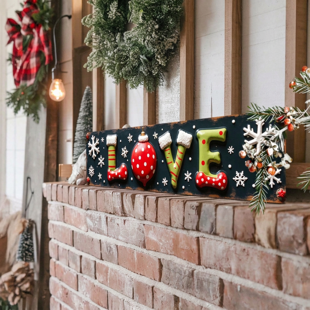 2D Flat Rustic Love Christmas Metal Wall Sign, Farmhouse Hearts Decor 3.9x15.7