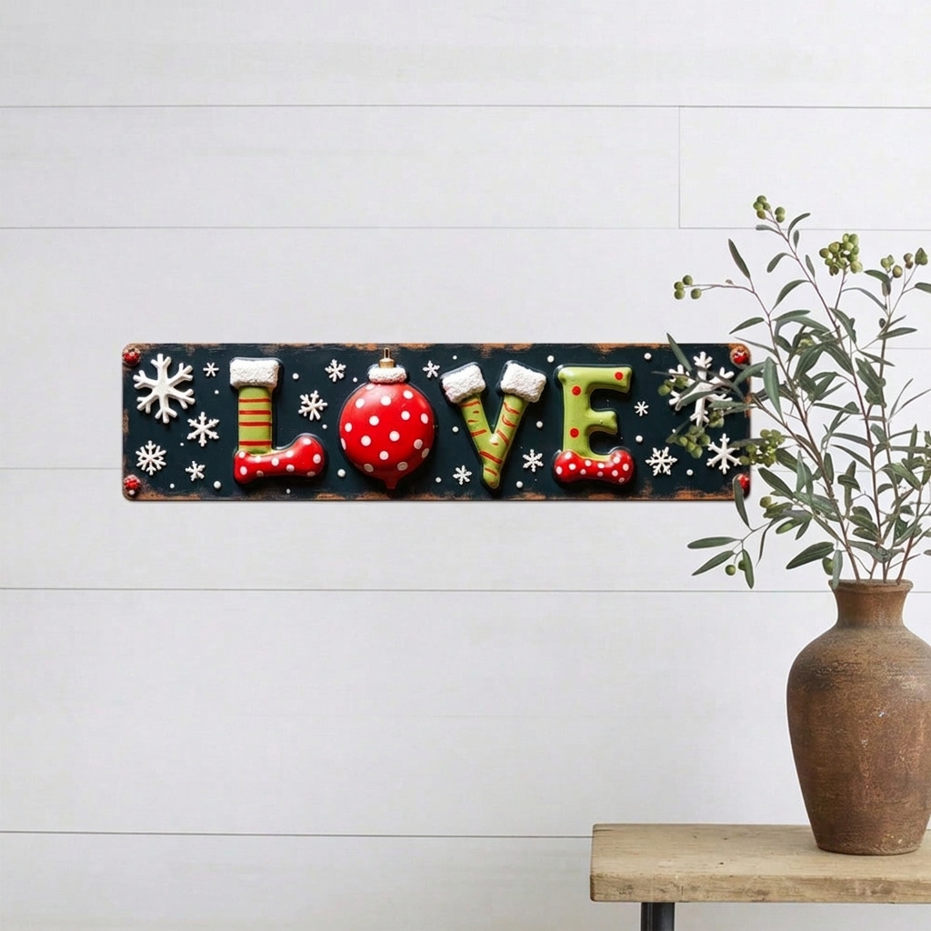 2D Flat Rustic Love Christmas Metal Wall Sign, Farmhouse Hearts Decor 3.9x15.7